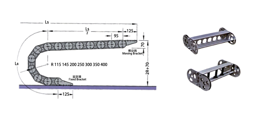 TL95型鋼鋁拖鏈安裝尺寸圖 TL95型鋼鋁拖鏈安裝尺寸圖